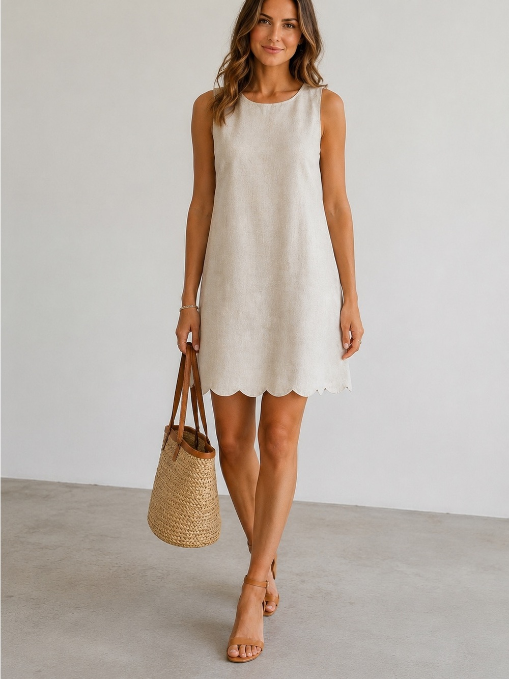J. Crew Cream Sleeveless Scallop-Hem Shift Dress